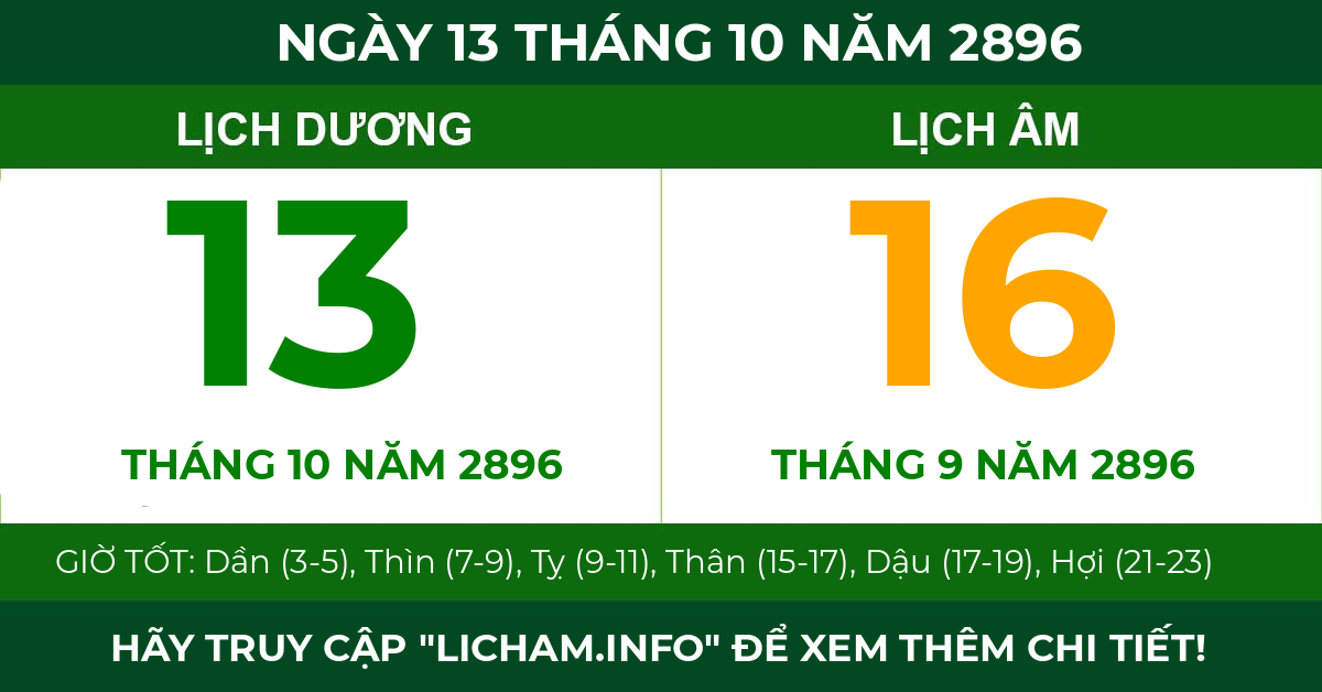 lịch âm ngày 13 tháng 10 năm 2896
