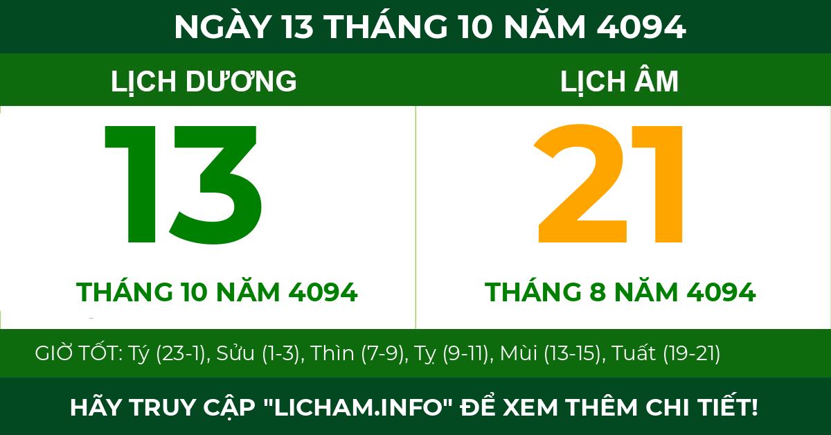 lịch âm ngày 13 tháng 10 năm 4094