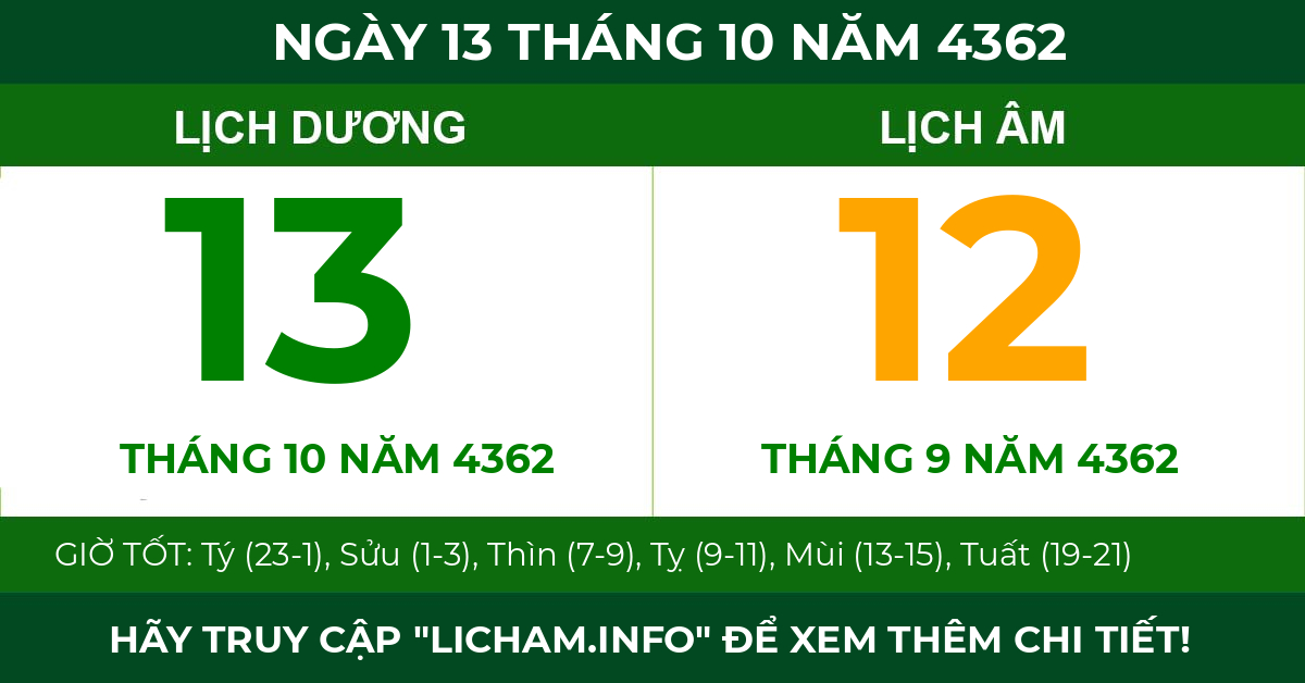 lịch âm ngày 13 tháng 10 năm 4362