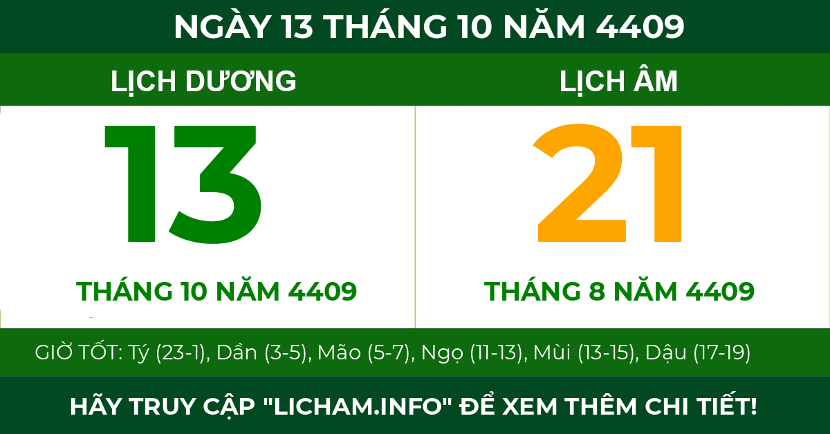 lịch âm ngày 13 tháng 10 năm 4409
