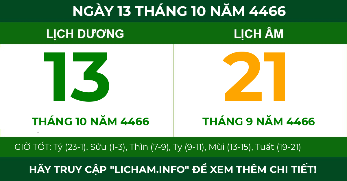lịch âm ngày 13 tháng 10 năm 4466