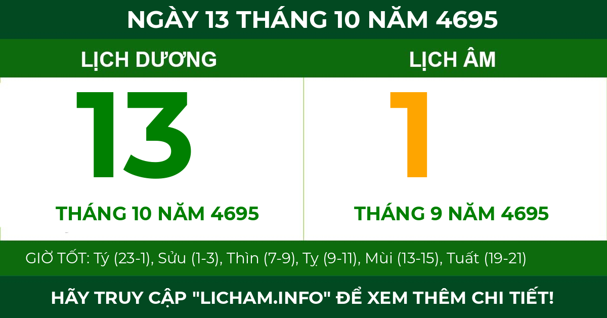 lịch âm ngày 13 tháng 10 năm 4695