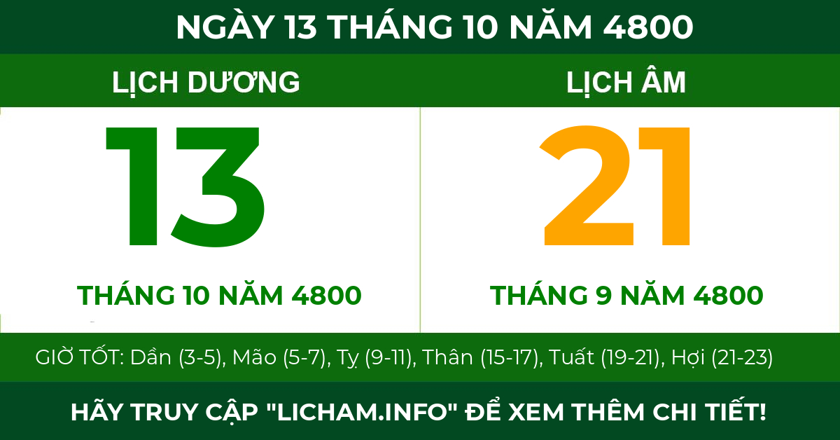 lịch âm ngày 13 tháng 10 năm 4800