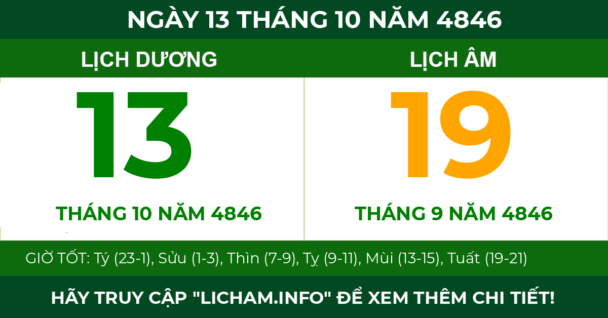 lịch âm ngày 13 tháng 10 năm 4846