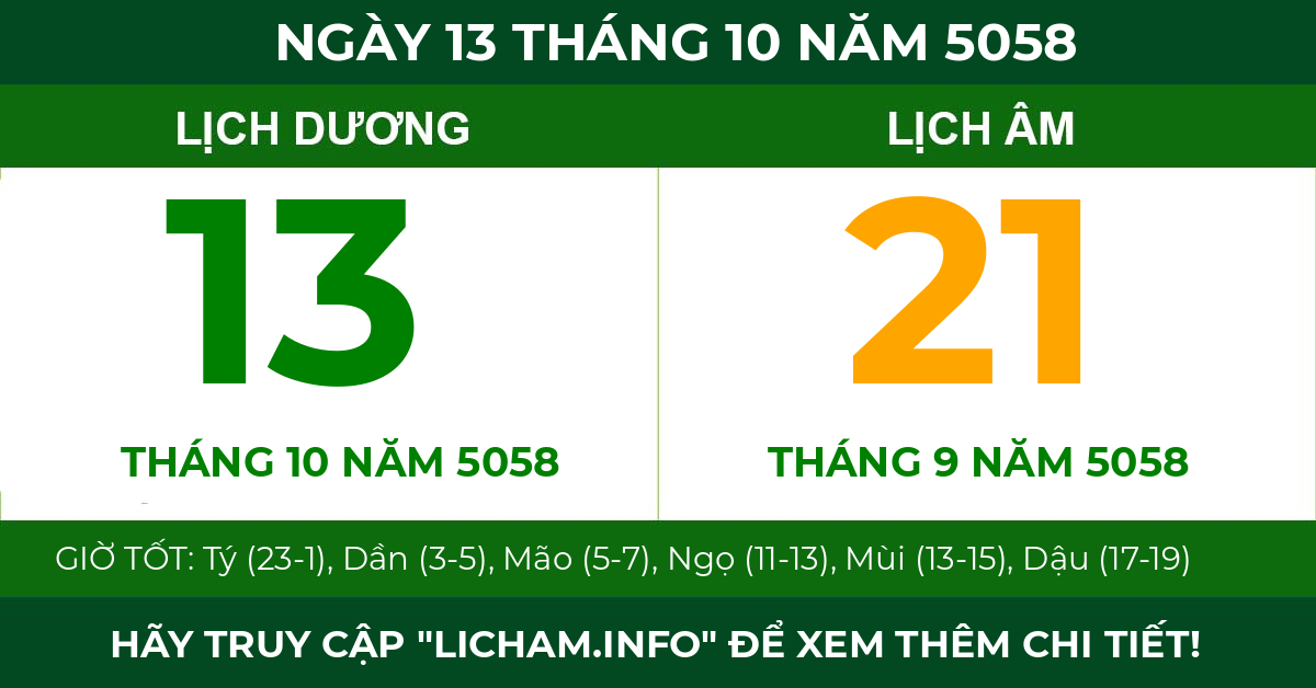 lịch âm ngày 13 tháng 10 năm 5058