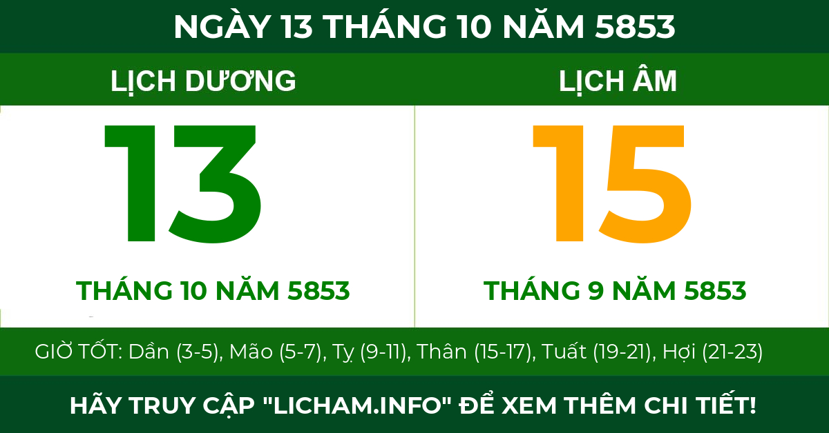 lịch âm ngày 13 tháng 10 năm 5853