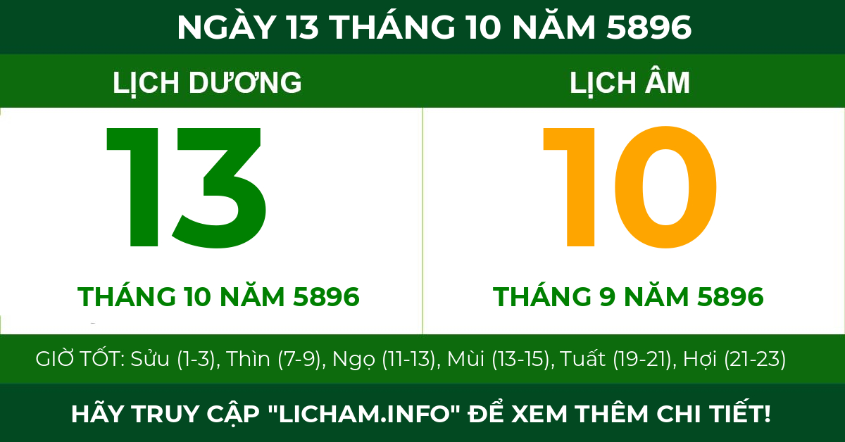 lịch âm ngày 13 tháng 10 năm 5896