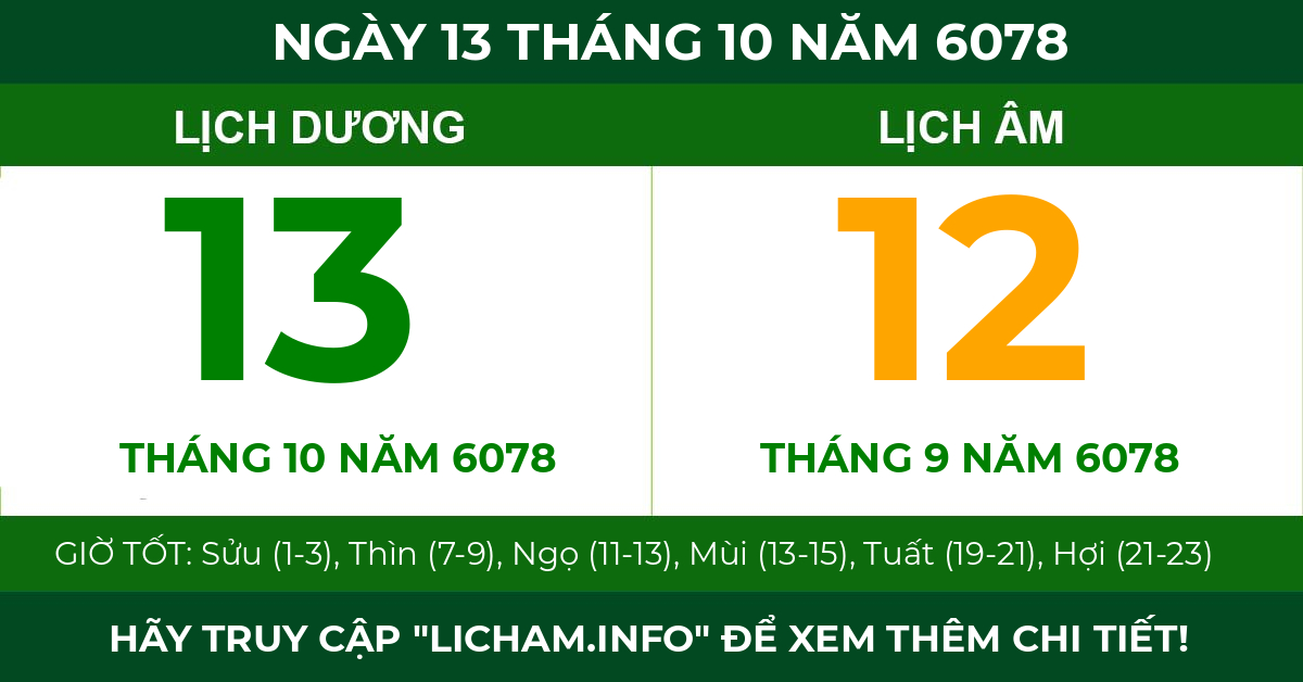 lịch âm ngày 13 tháng 10 năm 6078