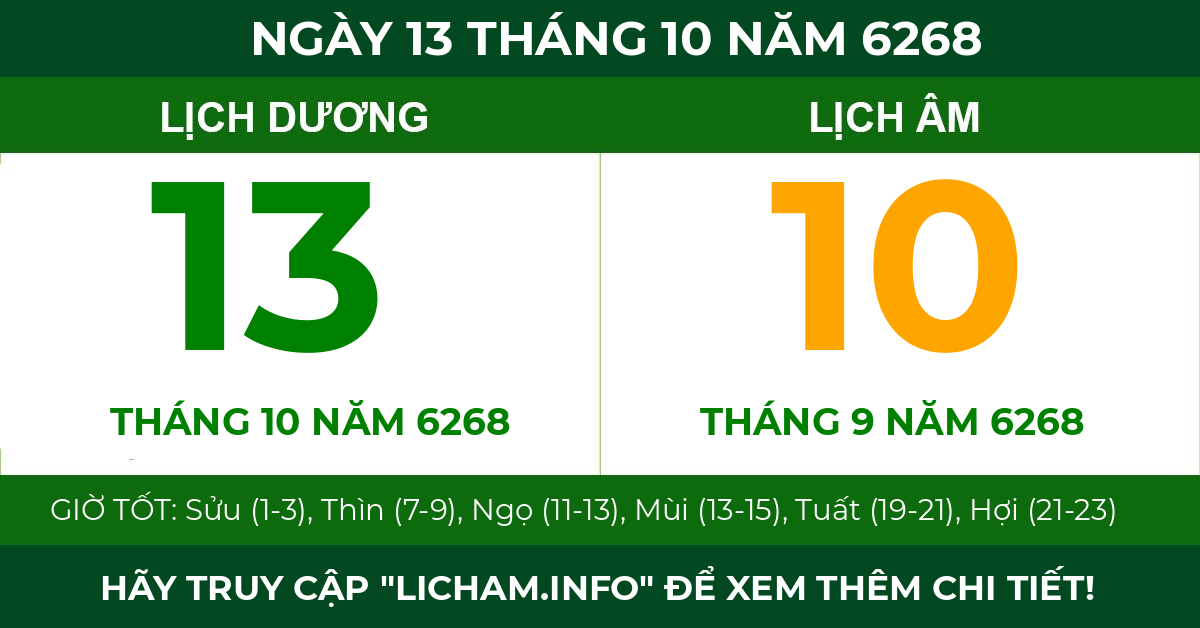 lịch âm ngày 13 tháng 10 năm 6268