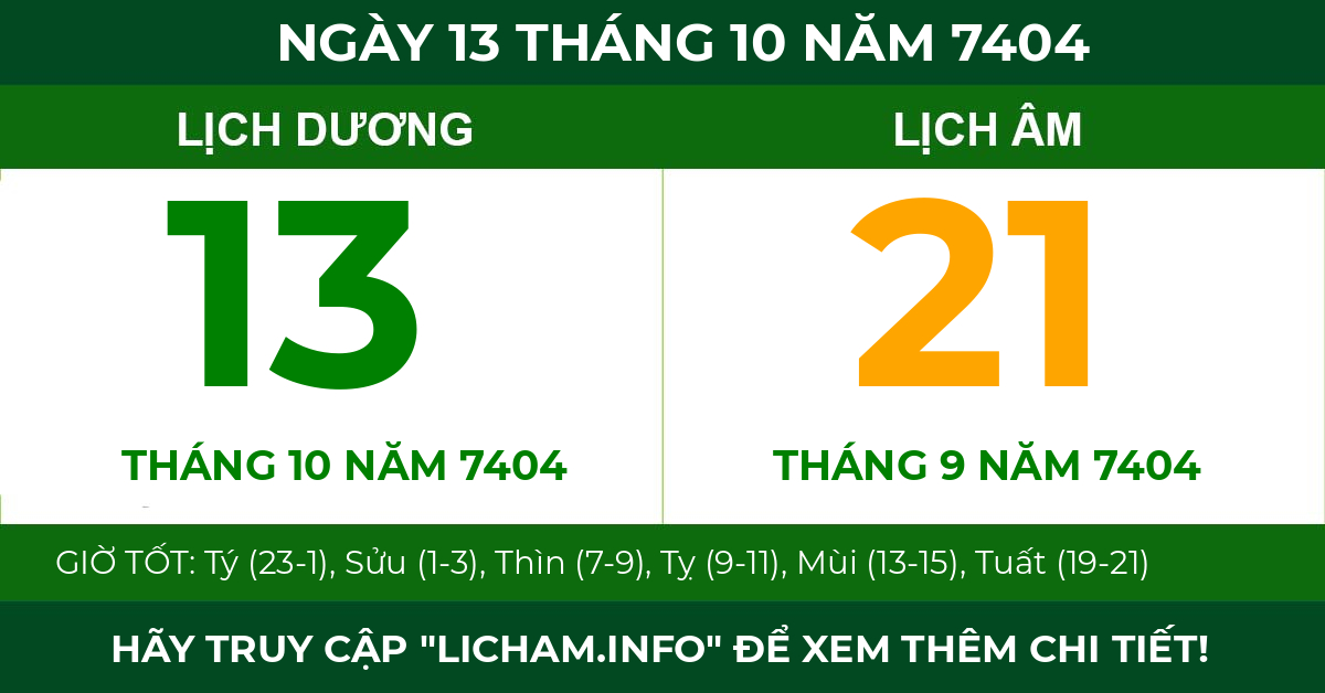 lịch âm ngày 13 tháng 10 năm 7404