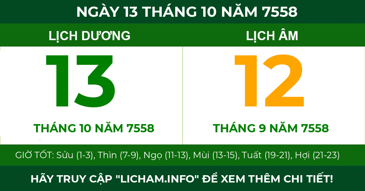 lịch âm ngày 13 tháng 10 năm 7558