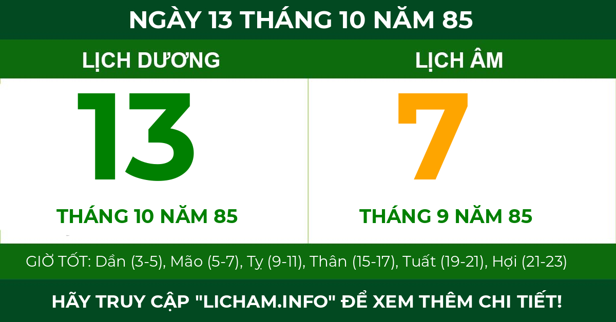 lịch âm ngày 13 tháng 10 năm 85