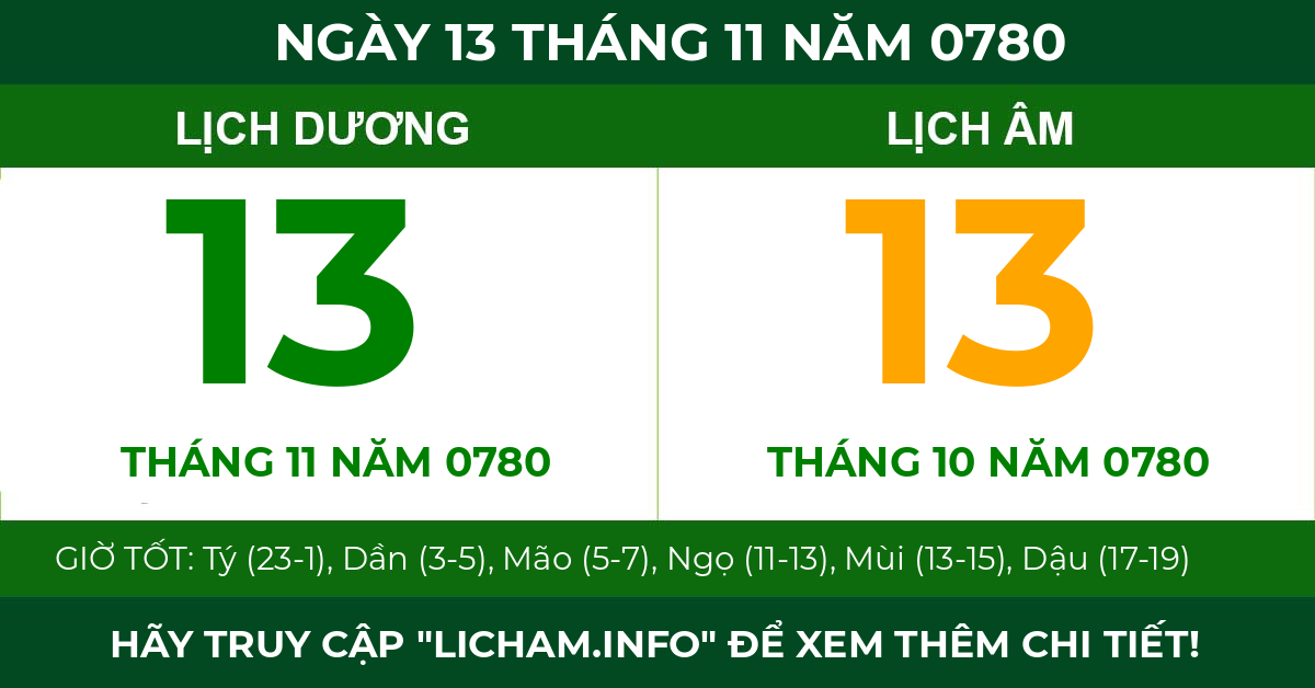lịch âm ngày 13 tháng 11 năm 0780
