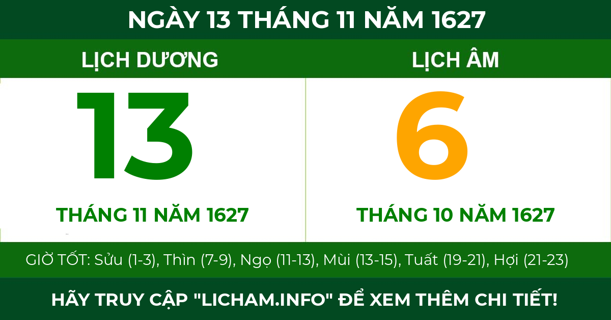 lịch âm ngày 13 tháng 11 năm 1627