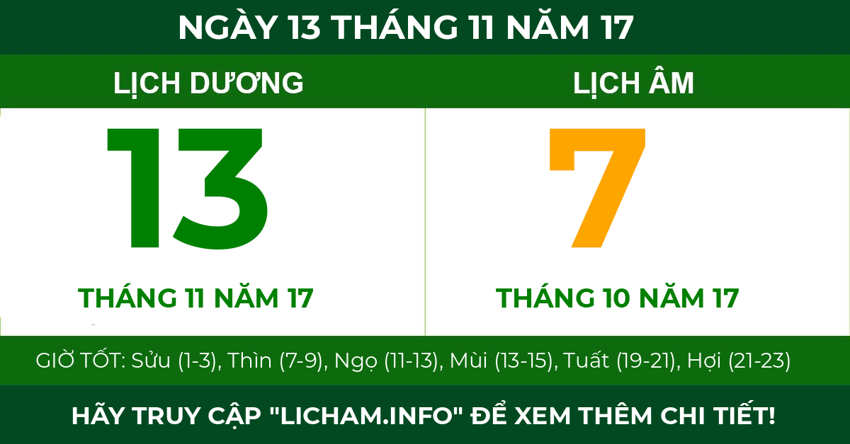 lịch âm ngày 13 tháng 11 năm 17