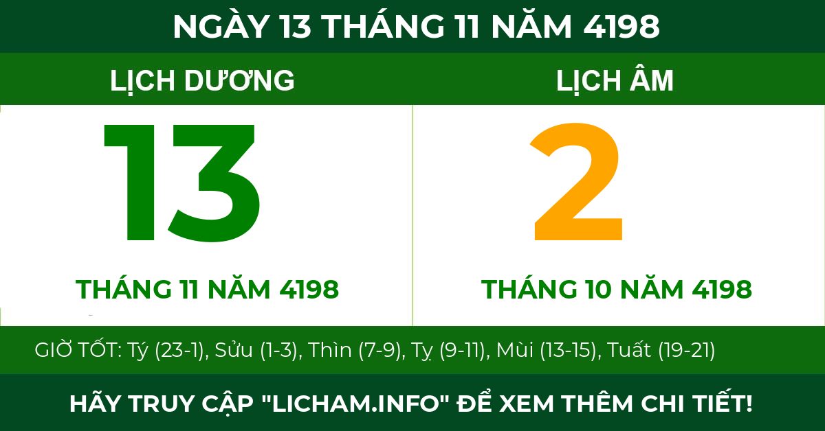 lịch âm ngày 13 tháng 11 năm 4198