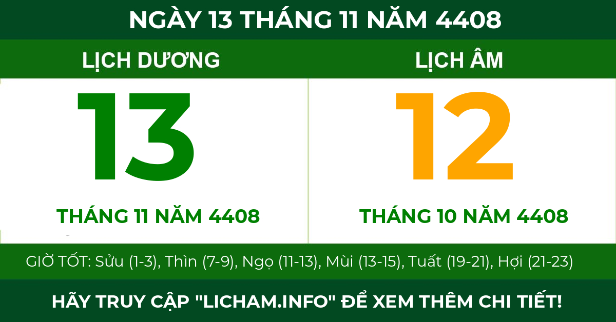lịch âm ngày 13 tháng 11 năm 4408