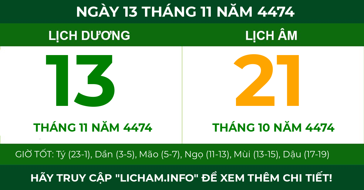 lịch âm ngày 13 tháng 11 năm 4474