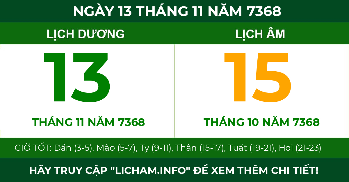 lịch âm ngày 13 tháng 11 năm 7368