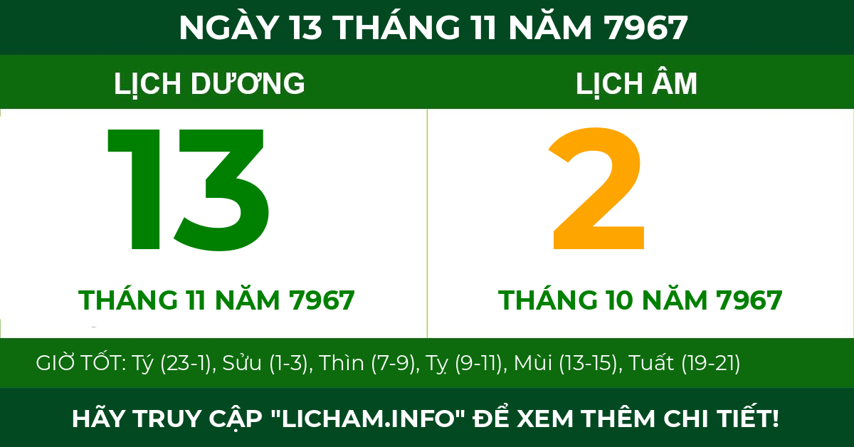 lịch âm ngày 13 tháng 11 năm 7967