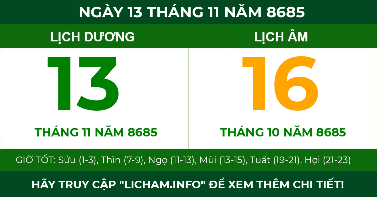 lịch âm ngày 13 tháng 11 năm 8685