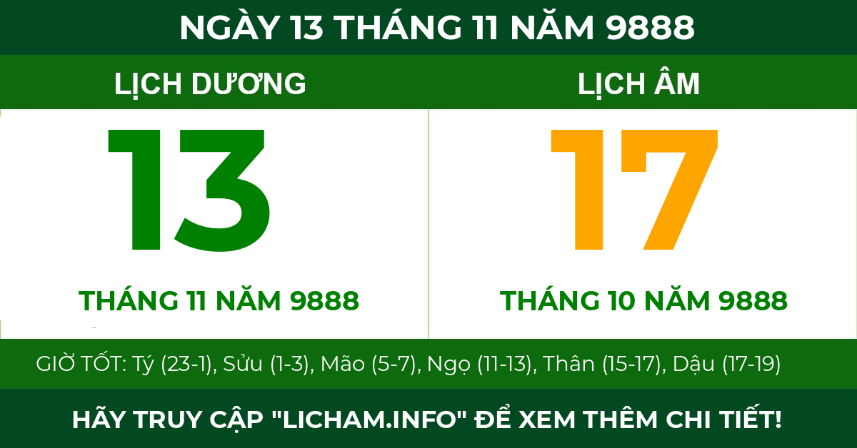 lịch âm ngày 13 tháng 11 năm 9888