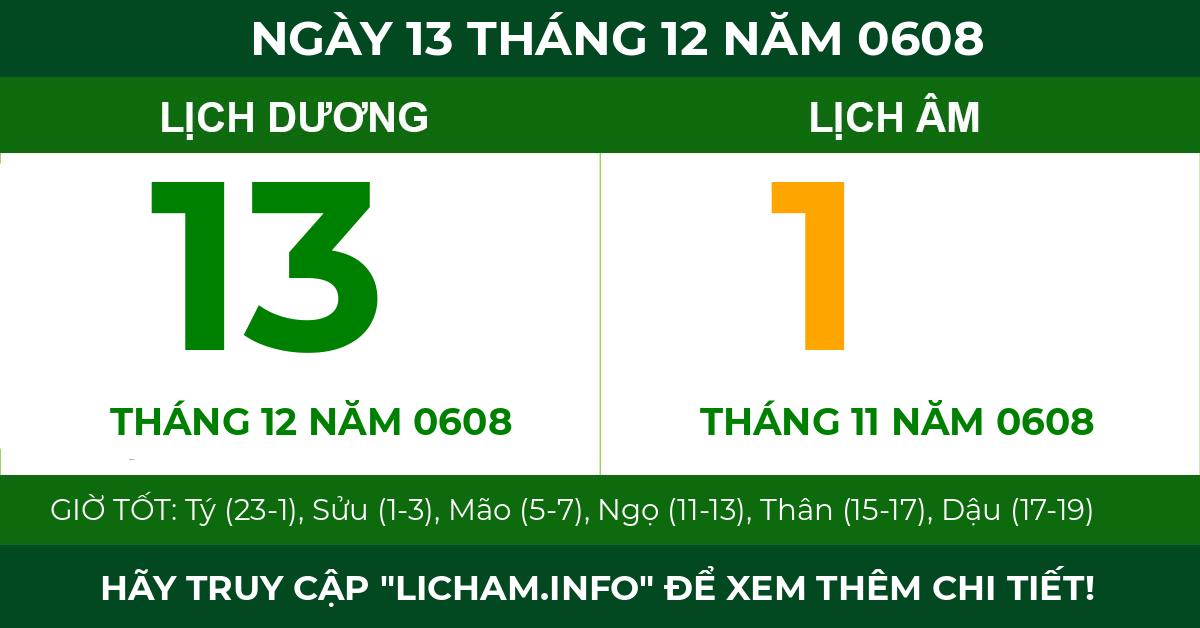 lịch âm ngày 13 tháng 12 năm 0608