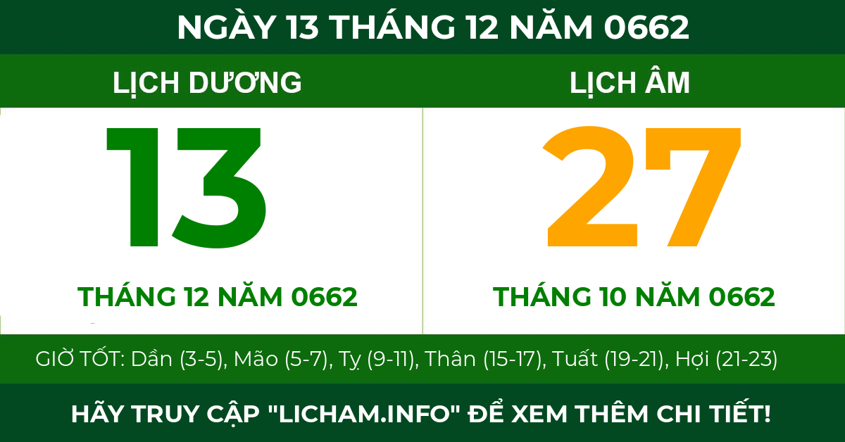 lịch âm ngày 13 tháng 12 năm 0662