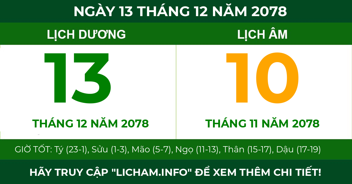 lịch âm ngày 13 tháng 12 năm 2078