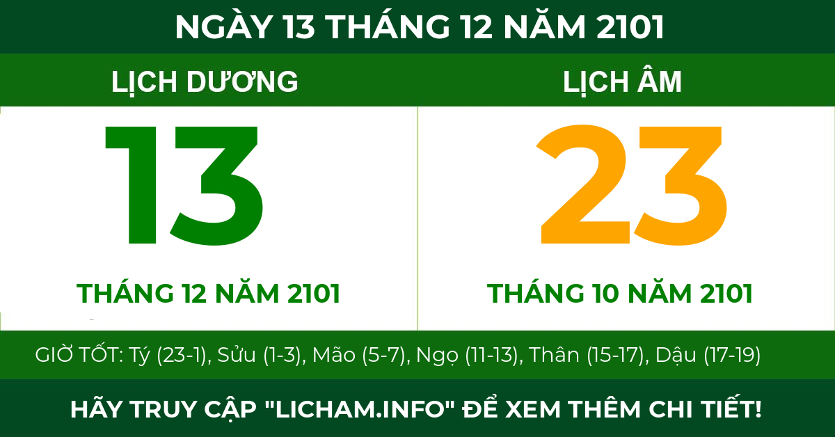 lịch âm ngày 13 tháng 12 năm 2101
