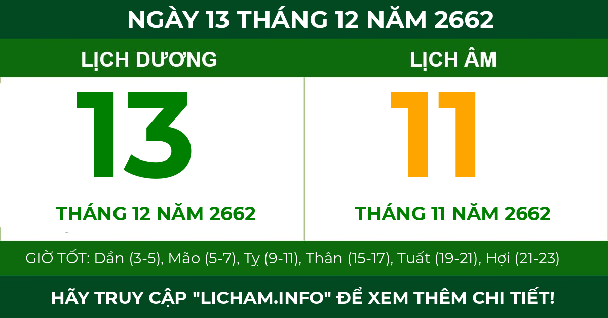 lịch âm ngày 13 tháng 12 năm 2662