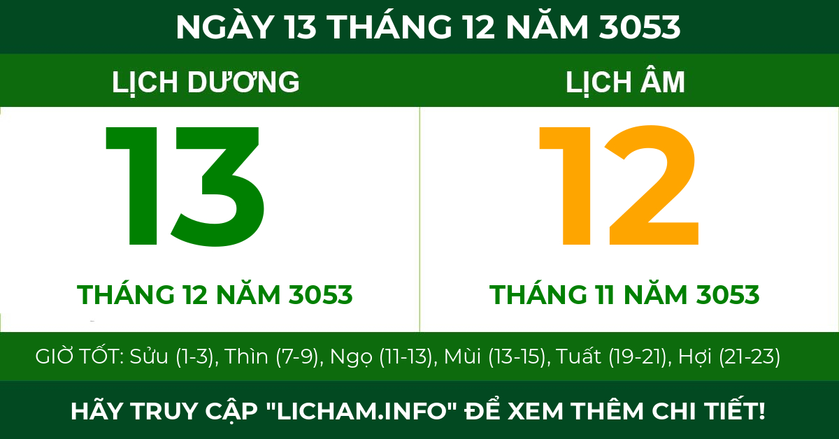lịch âm ngày 13 tháng 12 năm 3053