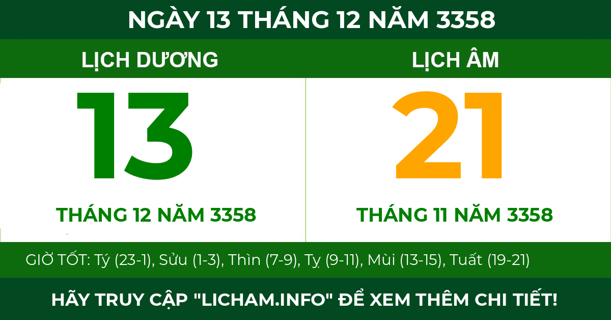 lịch âm ngày 13 tháng 12 năm 3358