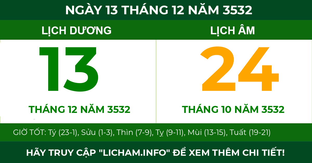 lịch âm ngày 13 tháng 12 năm 3532