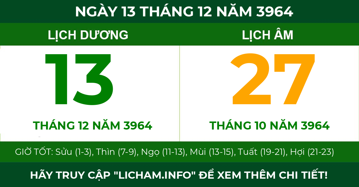 lịch âm ngày 13 tháng 12 năm 3964