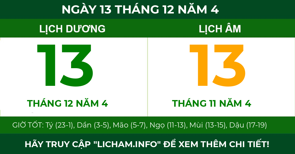 lịch âm ngày 13 tháng 12 năm 4