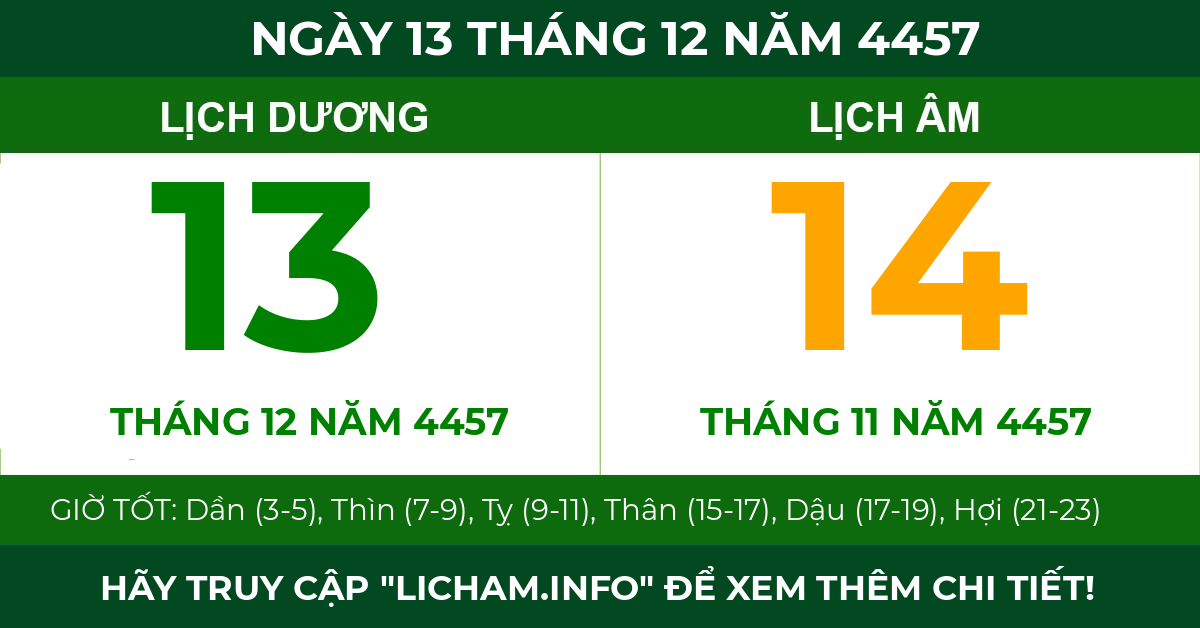 lịch âm ngày 13 tháng 12 năm 4457