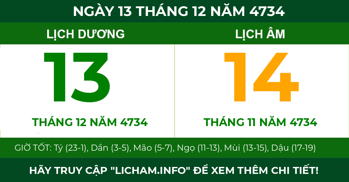 lịch âm ngày 13 tháng 12 năm 4734