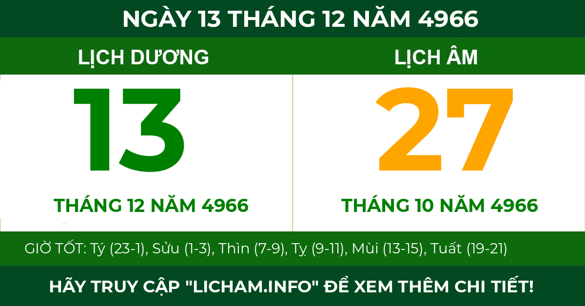 lịch âm ngày 13 tháng 12 năm 4966