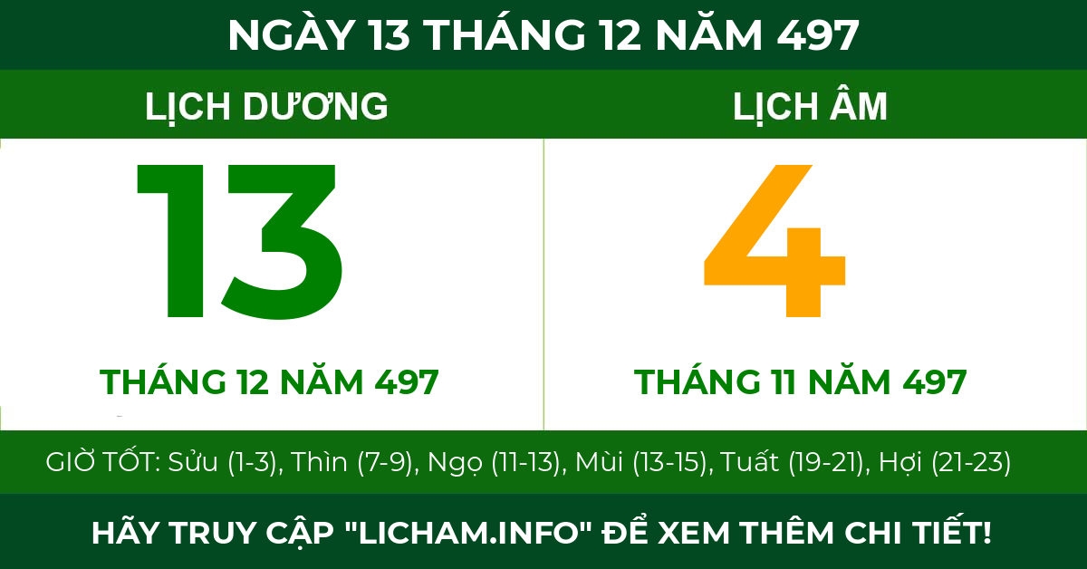 lịch âm ngày 13 tháng 12 năm 497