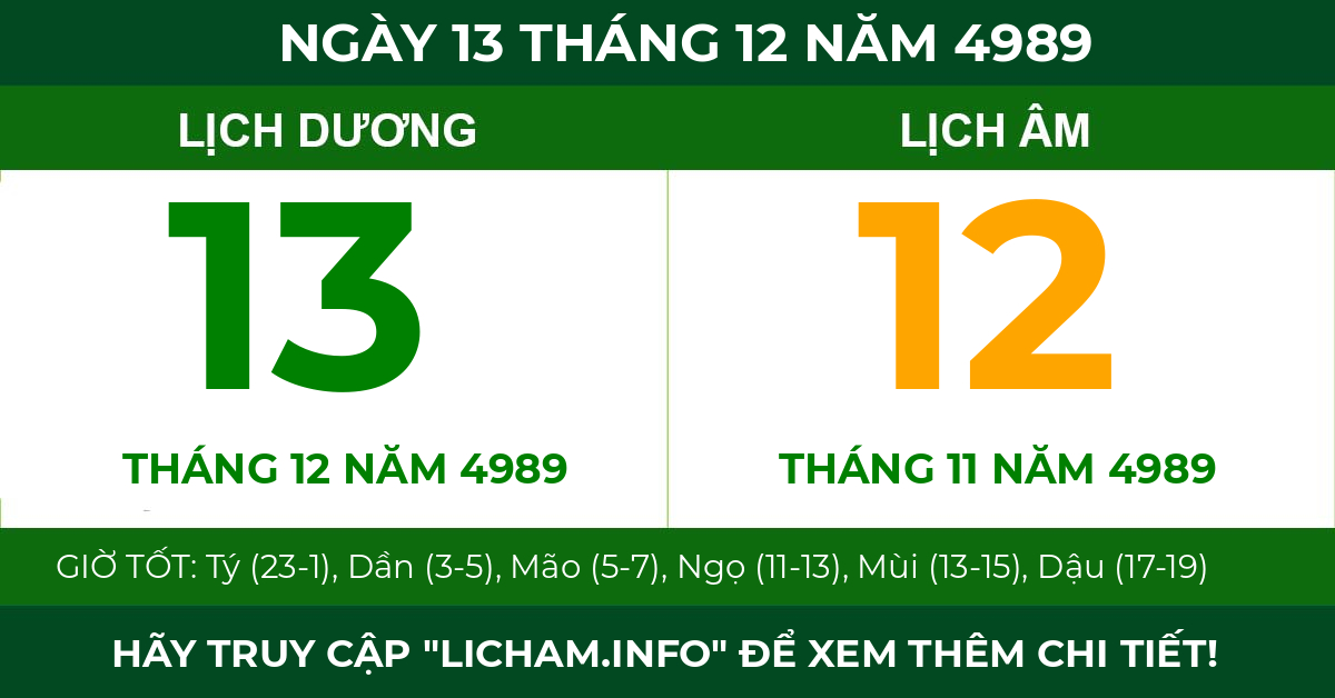 lịch âm ngày 13 tháng 12 năm 4989