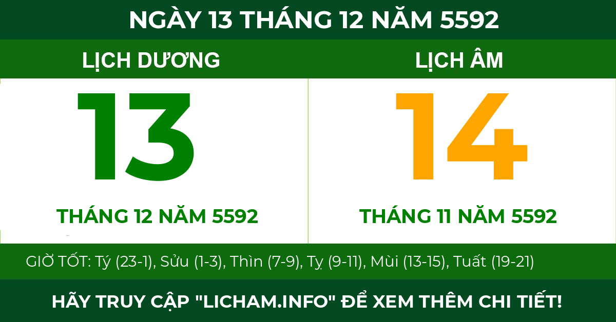 lịch âm ngày 13 tháng 12 năm 5592