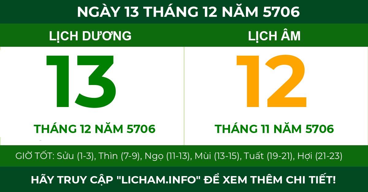 lịch âm ngày 13 tháng 12 năm 5706