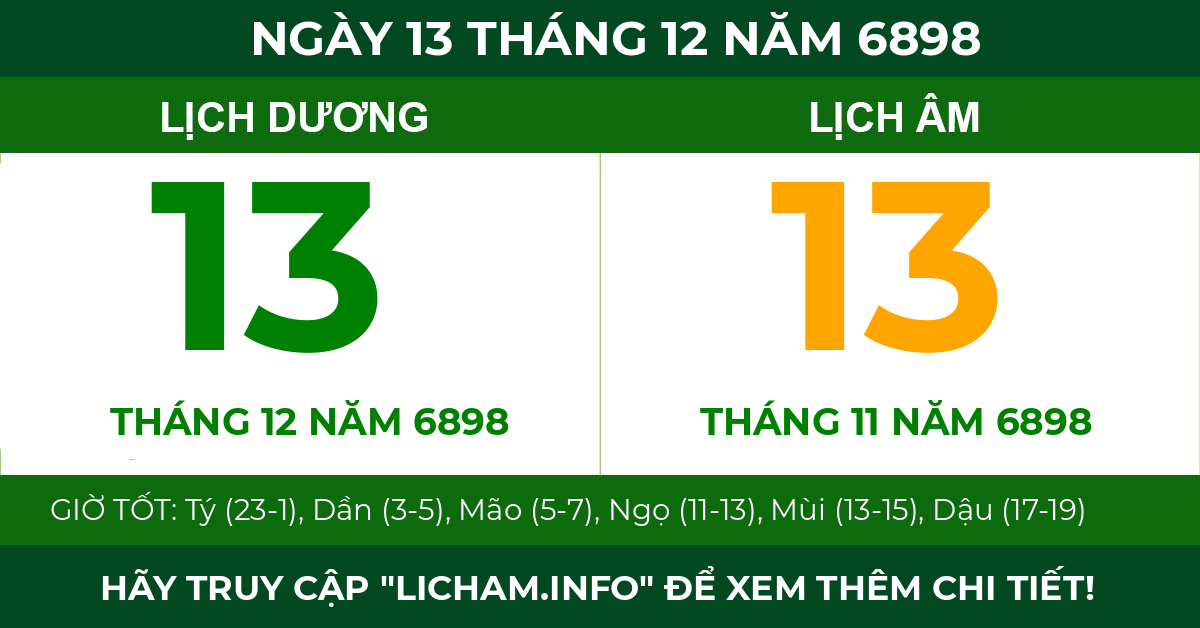 lịch âm ngày 13 tháng 12 năm 6898