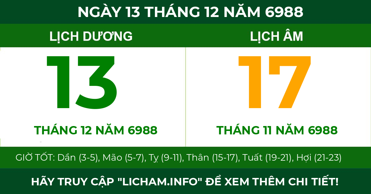 lịch âm ngày 13 tháng 12 năm 6988