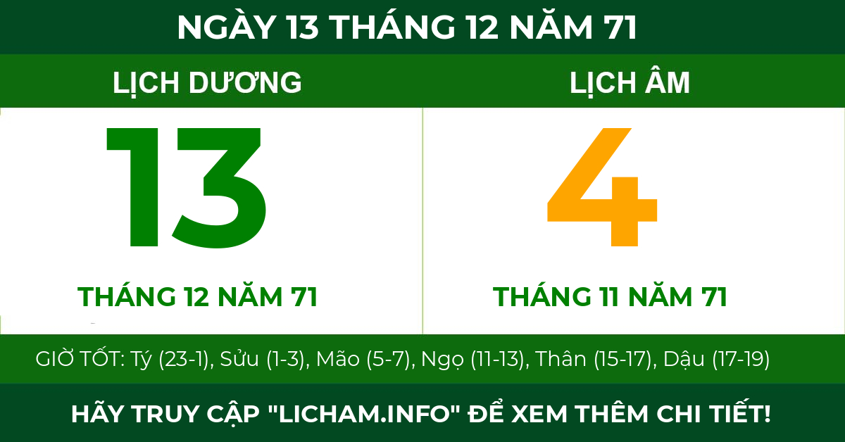 lịch âm ngày 13 tháng 12 năm 71
