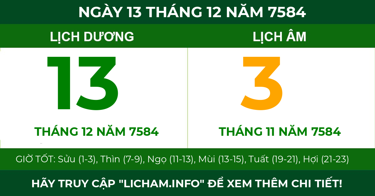 lịch âm ngày 13 tháng 12 năm 7584