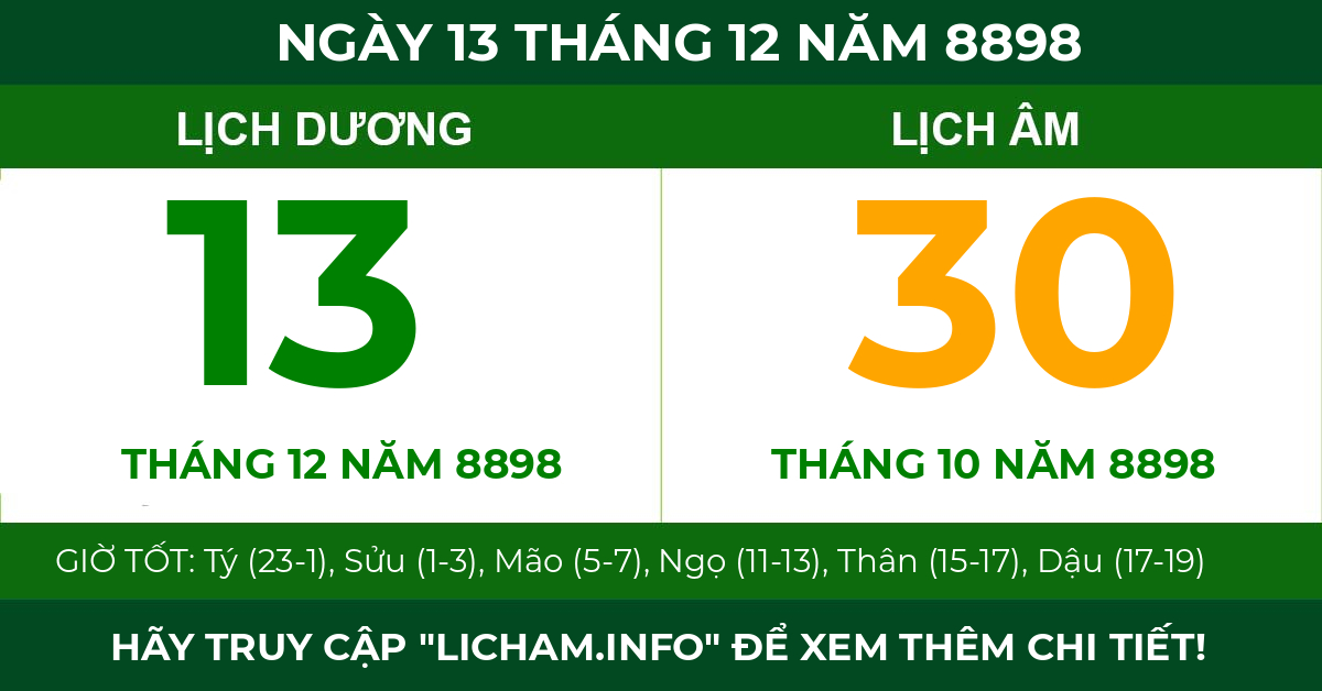 lịch âm ngày 13 tháng 12 năm 8898