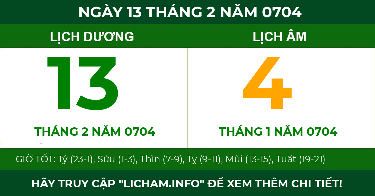 lịch âm ngày 13 tháng 2 năm 0704