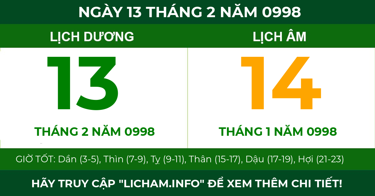 lịch âm ngày 13 tháng 2 năm 0998